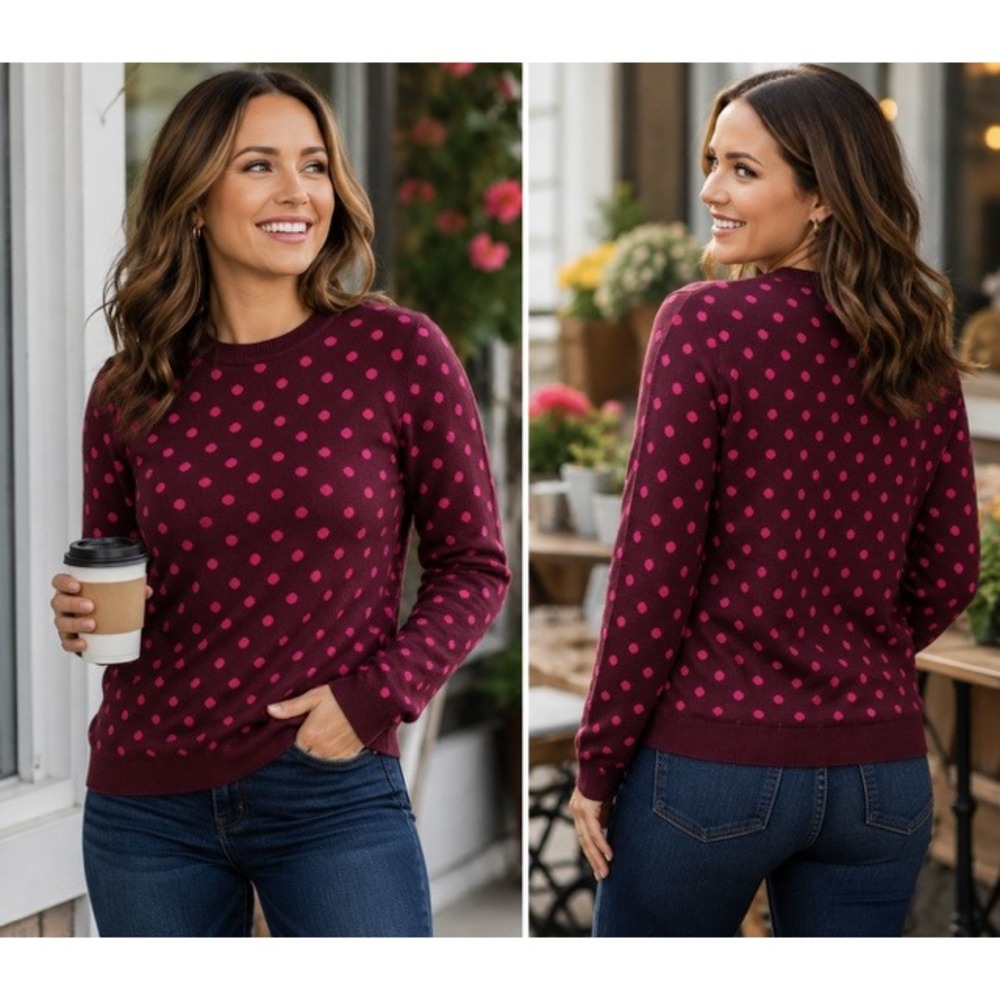 The Limited Womens Burgundy Pink Polka Dot Crewneck Knit Sweater Small